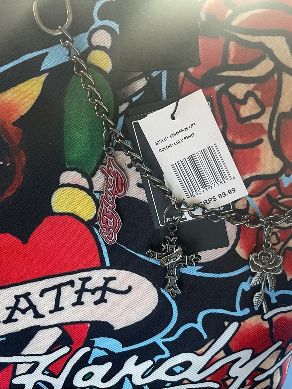 Ed Hardy Black Tote with Red Rose and Heart Tattoo Graphic Til True Death - Picture 5 of 5